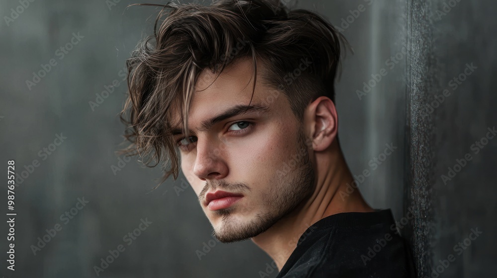 Portrait of a young man with a stylish haircut, looking at the camera. Portrait of a young man with a stylish haircut, looking at the camera.