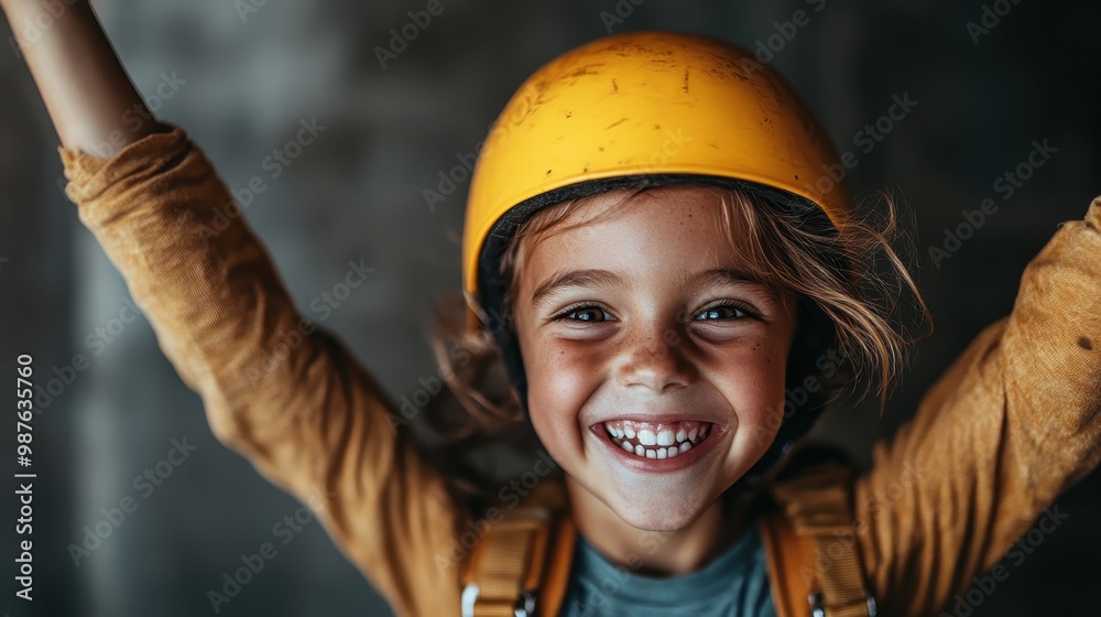 A young child, wearing a yellow helmet, radiates joy and excitement with raised arms, capturing a moment of pure happiness and youthful exuberance. A young child, wearing a yellow helmet, radiates joy and excitement with raised arms, capturing a moment of pure happiness and youthful exuberance.