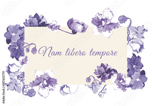 Tinted flowers are put around a rectangular shape on a white background. Frame made from the parts of African violets in bloom with the paper sheet in the center. Floral frame for any design ideas.