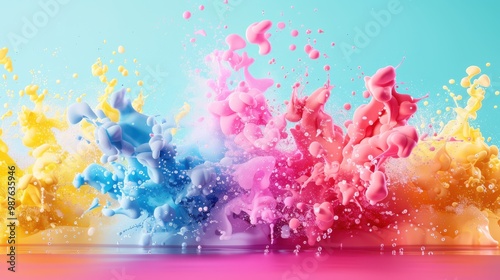 A vibrant splash of colorful powders in blue, pink, and yellow against a soft turquoise background, creating an energetic and dynamic visual effect. photo