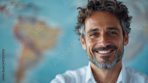 A gray-haired man is smiling warmly near a world map, illustrating joy and a taste for adventure and learning. The map's details are subtly in the background. photo