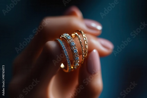 The closeup of a models hands holding luxury jewelry, sharp focus on the rings and bracelets with a blurred background, perfect for fashion accessories or highend product promotions