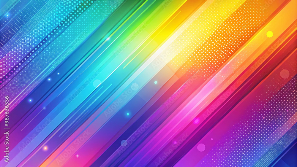 Vibrant abstract background featuring colorful diagonal stripes in gradient of blue, green, yellow, and pink. design includes dots and light effects, creating dynamic and energetic feel Vibrant abstract background featuring colorful diagonal stripes in gradient of blue, green, yellow, and pink. design includes dots and light effects, creating dynamic and energetic feel