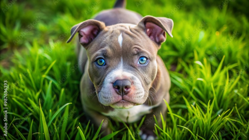 Cute American Bully Puppy Playing in Grass with Bright Eyes and Playful Attitude Near Home Environment Cute American Bully Puppy Playing in Grass with Bright Eyes and Playful Attitude Near Home Environment
