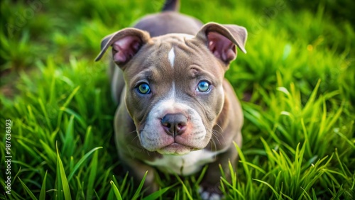 Cute American Bully Puppy Playing in Grass with Bright Eyes and Playful Attitude Near Home Environment