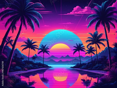 Modern abstract landscape with vibrant sunset, palm trees, glowing synthwave elements, and neon hues
