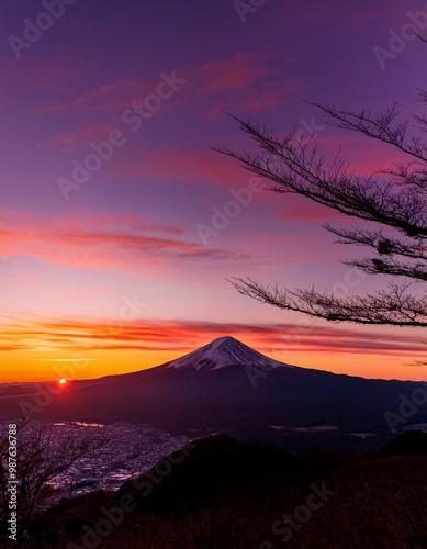 夕日が富士山をオレンジ色に染め、空は赤と紫のグラデーションに包まれている。富士山のシルエットが際立ち、神秘的な雰囲気を醸し出している