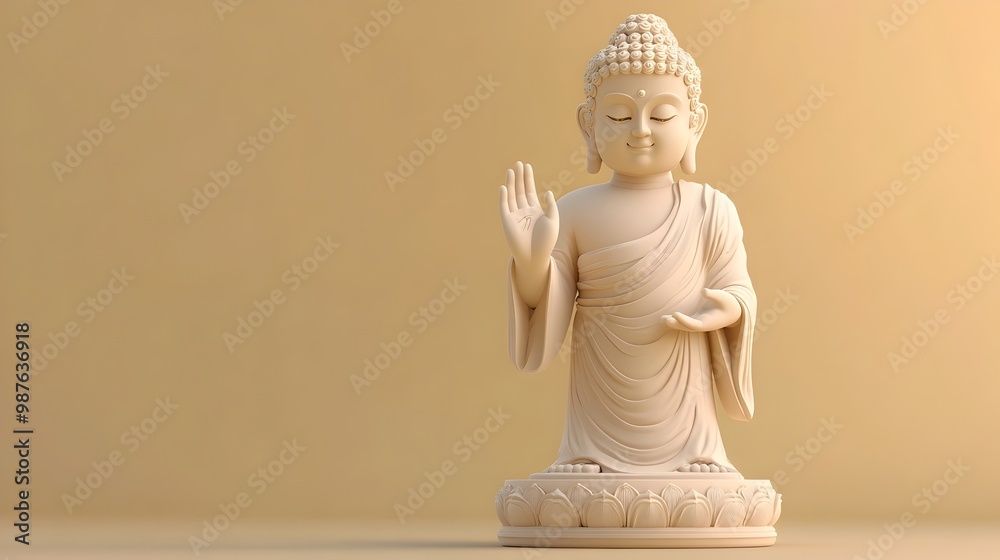 Serene 3D Rendered of a Buddha Statue in a Pose of Fearlessness With Raised Hand and Tranquil Expression Symbolizing Enlightenment Meditation and Inner Peace