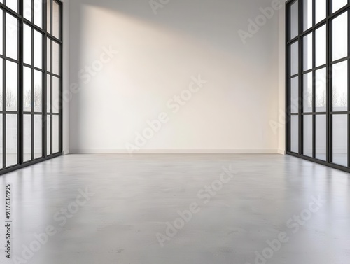 Minimalist factory with expansive glass windows and simple, unadorned surfaces, industrial design