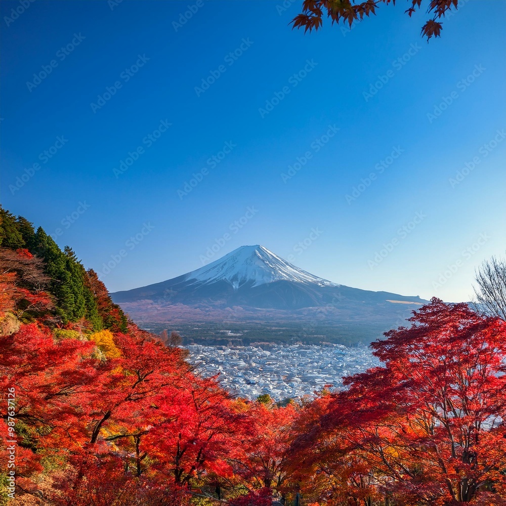 Fototapeta premium 636947, 987636920, 987636867 - 元のファイル名 : Firefly 真っ赤に色づいた紅葉の森を越え、富士山がそびえる風景。青い空と秋の色が織りなすコントラストが透けて、秋の日本を代表する光景