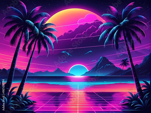 80s-inspired sunset with tropical palms, glowing laser grid, ocean waves, and vintage neon style.