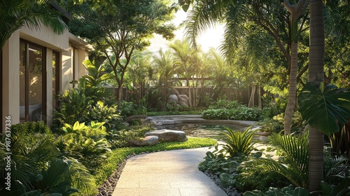 A peaceful resort-style front yard with shady trees, tropical plants, and a small pond, no people, no logos.