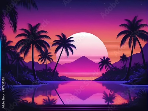 Retro-futuristic travel poster featuring glowing beach, neon sky, purple waves, and vibrant palm silhouettes.