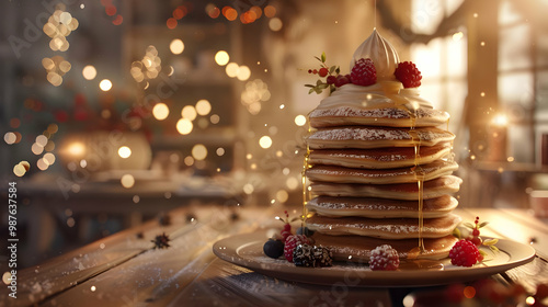 Stack of Pancakes with Whipped Cream and Berries A Festive Breakfast Treat
