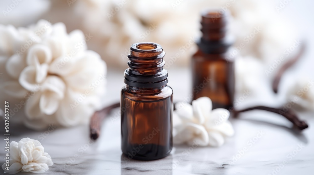 An elegant still-life arrangement of two brown essential oil bottles surrounded by delicate white flowers and vanilla pods, offering a sense of calm and relaxation. An elegant still-life arrangement of two brown essential oil bottles surrounded by delicate white flowers and vanilla pods, offering a sense of calm and relaxation.