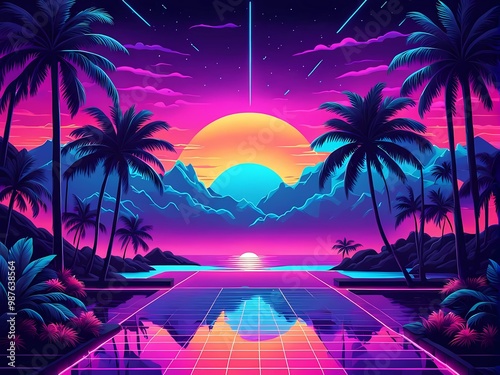 Abstract retro beach scene with glowing pink and purple sky, palm trees, and synthwave vibe