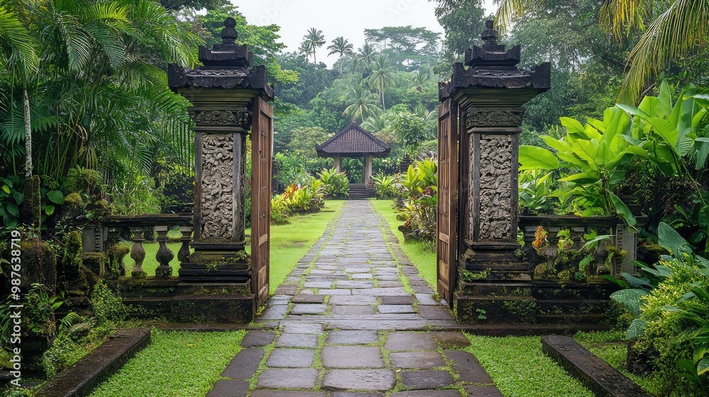 A serene Balinese garden with a stone footpath, lush greenery, and a decorative wooden gate, no people, no logo. A serene Balinese garden with a stone footpath, lush greenery, and a decorative wooden gate, no people, no logo.