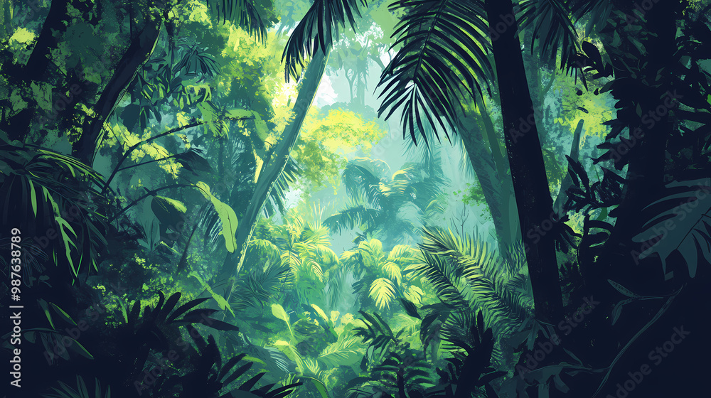 Rainforest. the tall trees are covered in vines and other plants. Tropical Rainforest. Illustration Rainforest. the tall trees are covered in vines and other plants. Tropical Rainforest. Illustration