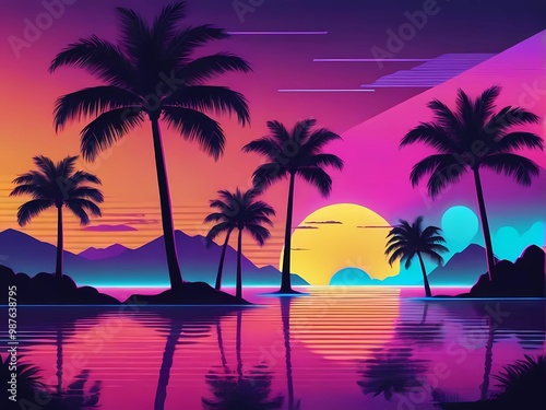Futuristic tropical sunset landscape with neon glow, laser grid, palm silhouettes, and retro 80s style