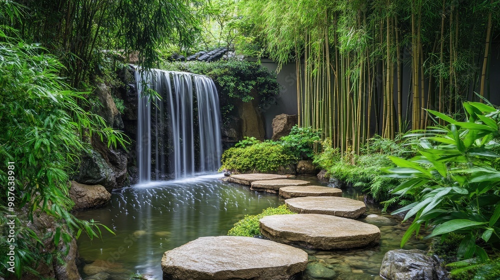 Naklejka premium A serene Chinese garden featuring a stone pathway, a small waterfall, and bamboo plants, no people, no logo.