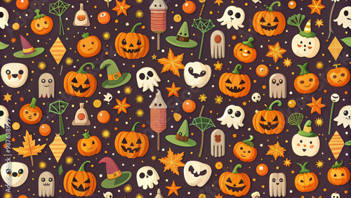 Wallpaper Mural Spooky pumpkins, playful ghosts, and whimsical witches create vibrant Halloween pattern filled with festive elements. Perfect for seasonal decorations and crafts! Torontodigital.ca