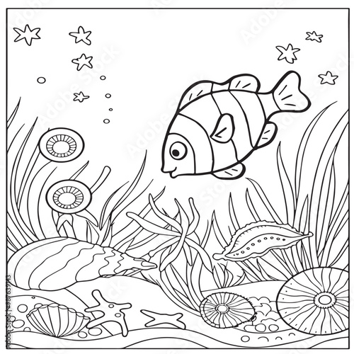 Fish Coloring page for kids coloring book,vector Illustration seawater cute fishes activity worksheet for children