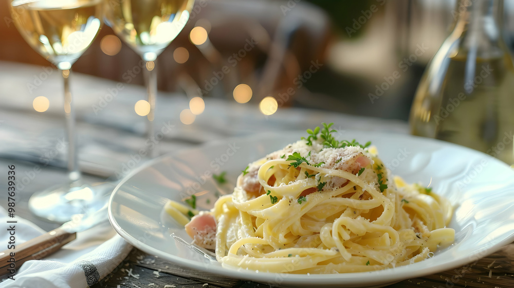 Creamy Carbonara Pasta with Parmesan Cheese and White Wine