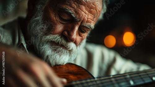 An elderly man deeply focused on playing the guitar in a warmly lit room, capturing the essence of music, passion, and the passage of time through his artistry. photo