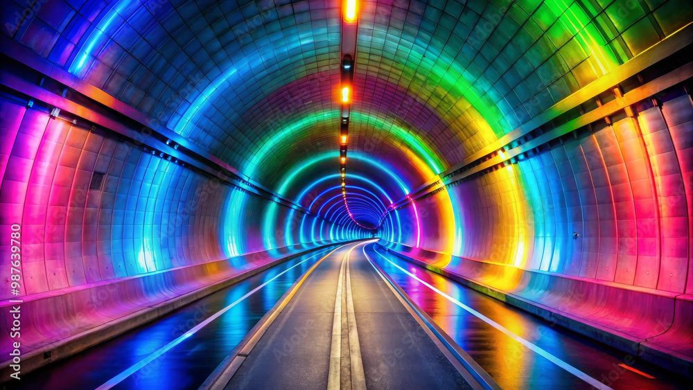 vibrant tunnel illuminated with colorful lights creates mesmerizing atmosphere, inviting exploration and wonder. reflections on wet surface enhance enchanting experience vibrant tunnel illuminated with colorful lights creates mesmerizing atmosphere, inviting exploration and wonder. reflections on wet surface enhance enchanting experience