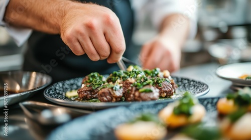 A chef meticulously garnishes a prepared meat dish with fresh herbs, showcasing culinary artistry and attention to detail, with a black patterned plate providing a stylish backdrop.