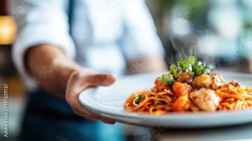 A chef proudly presents a steaming hot pasta dish topped with meatballs and garnished with fresh herbs, reflecting culinary expertise and a passion for traditional Italian cuisine.