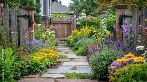 Fototapeta Naklejka Na Ścianę i Meble -  A traditional English front yard with a mix of colorful perennials, a stone path, and wooden gates, no people, no logo.