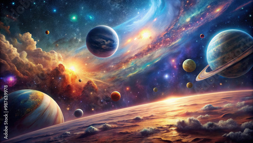 stunning cosmic landscape featuring vibrant planets, swirling galaxies, and colorful nebula. scene evokes sense of wonder and exploration in vastness of outer space