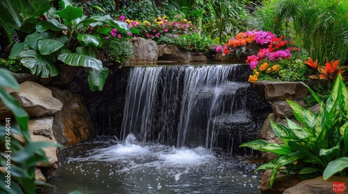A traditional Thai garden featuring a small waterfall, tropical plants, and colorful flowers, no people, no logo.