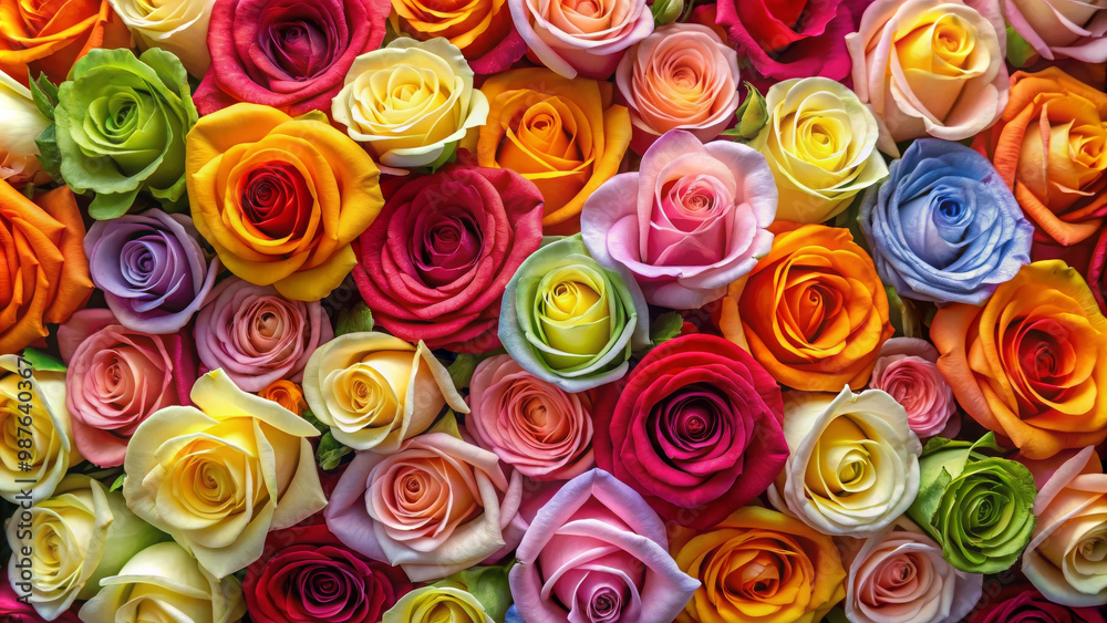 Colorful roses create vibrant and cheerful background, showcasing variety of hues and shades that evoke feelings of joy and beauty. This floral arrangement is perfect for celebrations or as