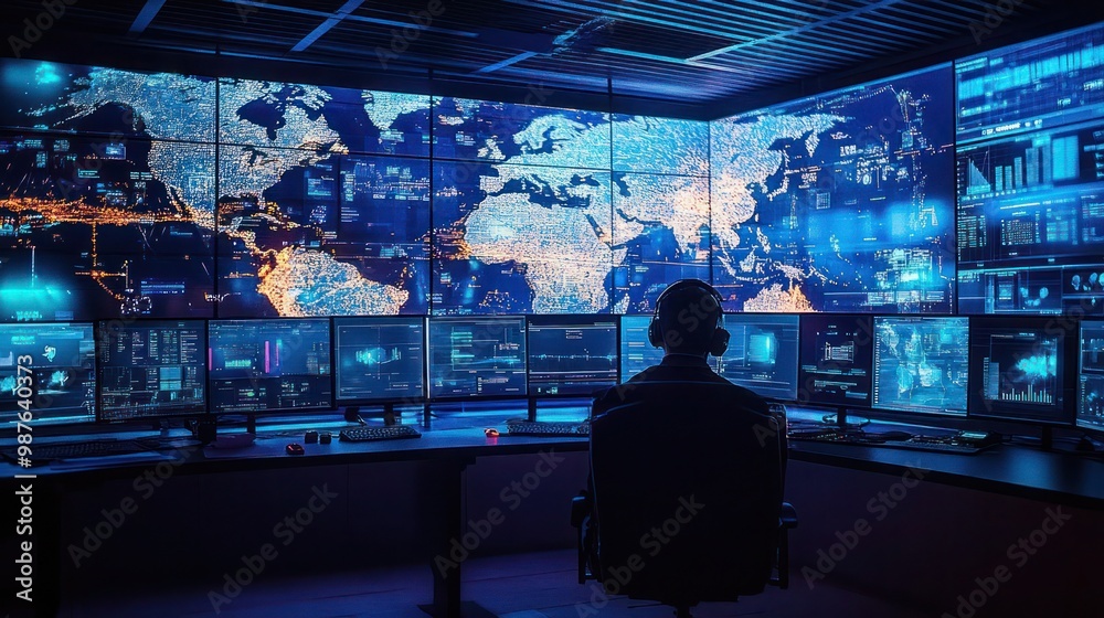 High-tech command centers monitor global operations on screens, Command center with multiple screens displaying ERP dashboards.