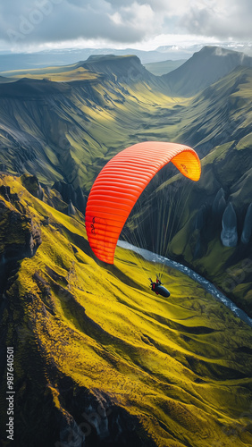 Parachuter - Phone Wallpaper, paragliding, mountains, landscape, nature, adventure, green, cliffs, river, scenery, aerial view, sport, flying, extreme, outdoors, valley