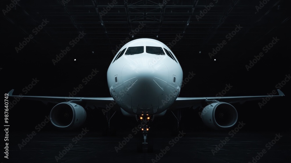 This image depicts a commercial aircraft from a frontal perspective inside a dark hangar with lights illuminating the aircraft, highlighting its sleek design and symmetrical details.