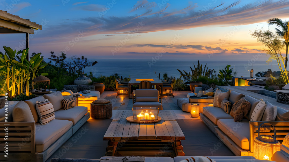 Fototapeta premium Luxury Oceanfront Terrace with Sunset Views and Cozy Ambiance