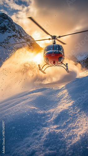 Heli-skiing - Phone Wallpaper, helicopter, snow, mountain, sunrise, sunlight, winter, flying, transport, travel, adventure, nature, landscape, outdoors, sky, clouds, ski, slope, action photo