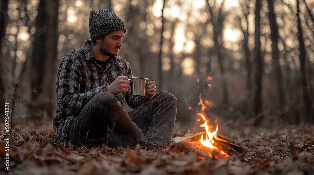A single man sitting beside a small campfire in a forest during late autumn, wearing a flannel shirt and a beanie. He holds a metal mug of coffee or tea in his hands, warming them near the fire