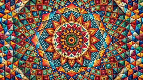 Vibrant geometric patterns create mesmerizing artwork, featuring intricate shapes and vivid colors that evoke sense of harmony and creativity