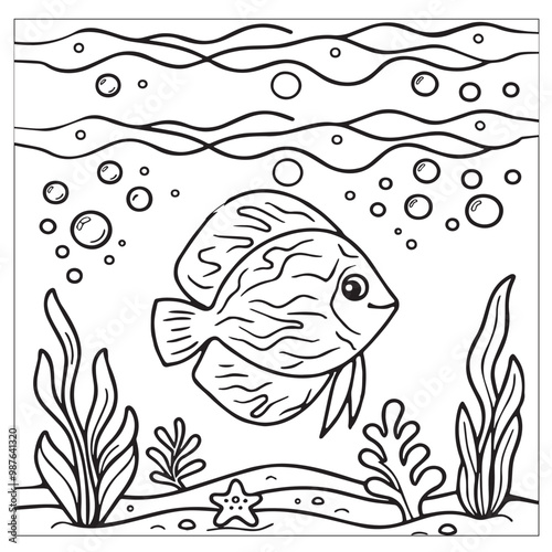 Fish Coloring page for kids coloring book, vector Illustration seawater cute fishes activity worksheet for children