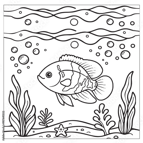 Fish Coloring page for kids coloring book, vector Illustration seawater cute fishes activity worksheet for children