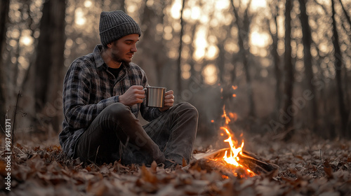 Obraz na płótnie A single man sitting beside a small campfire in a forest during late autumn, wearing a flannel shirt and a beanie. He holds a metal mug of coffee or tea in his hands, warming them near the fire w salonie