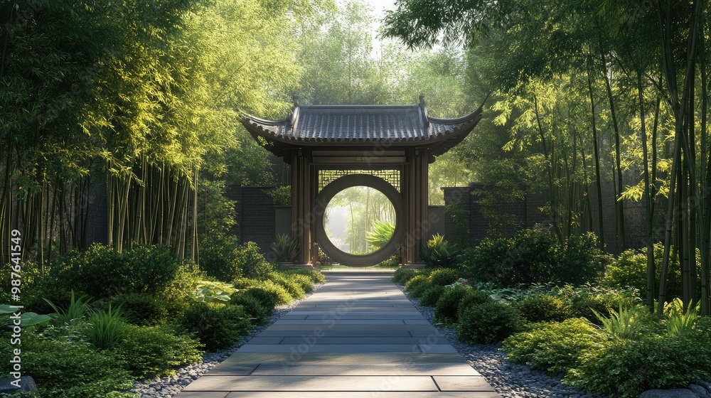Obraz premium Chinese front yard garden with a traditional pagoda, a moon gate, and a lush bamboo grove, no people, no logo.