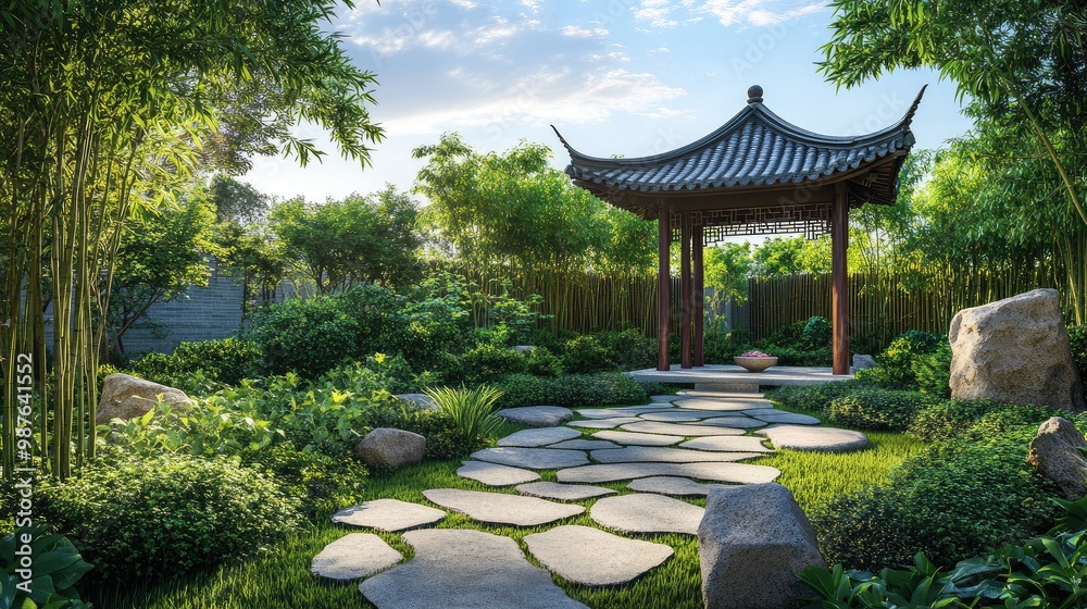 Chinese front yard garden with a traditional pagoda, a moon gate, and a lush bamboo grove, no people, no logo. Chinese front yard garden with a traditional pagoda, a moon gate, and a lush bamboo grove, no people, no logo.