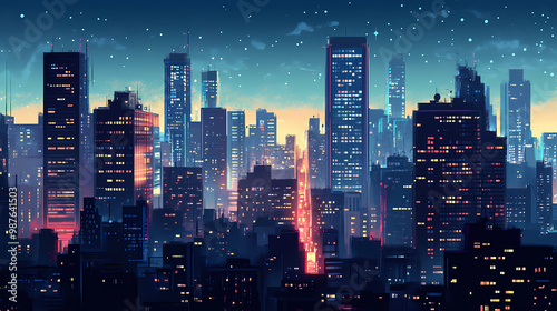 Night view of high-rise buildings in modern city. City at Night. Illustration