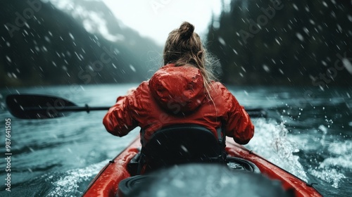 A person in a red jacket paddling through turbulent waters in a kayak, demonstrating adventure and resilience with a scenic mountainous backdrop in cold weather. photo