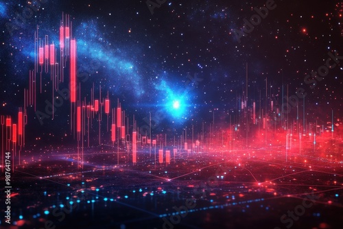 Futuristic digital trading chart with vibrant red and blue candlestick patterns against a cosmic background